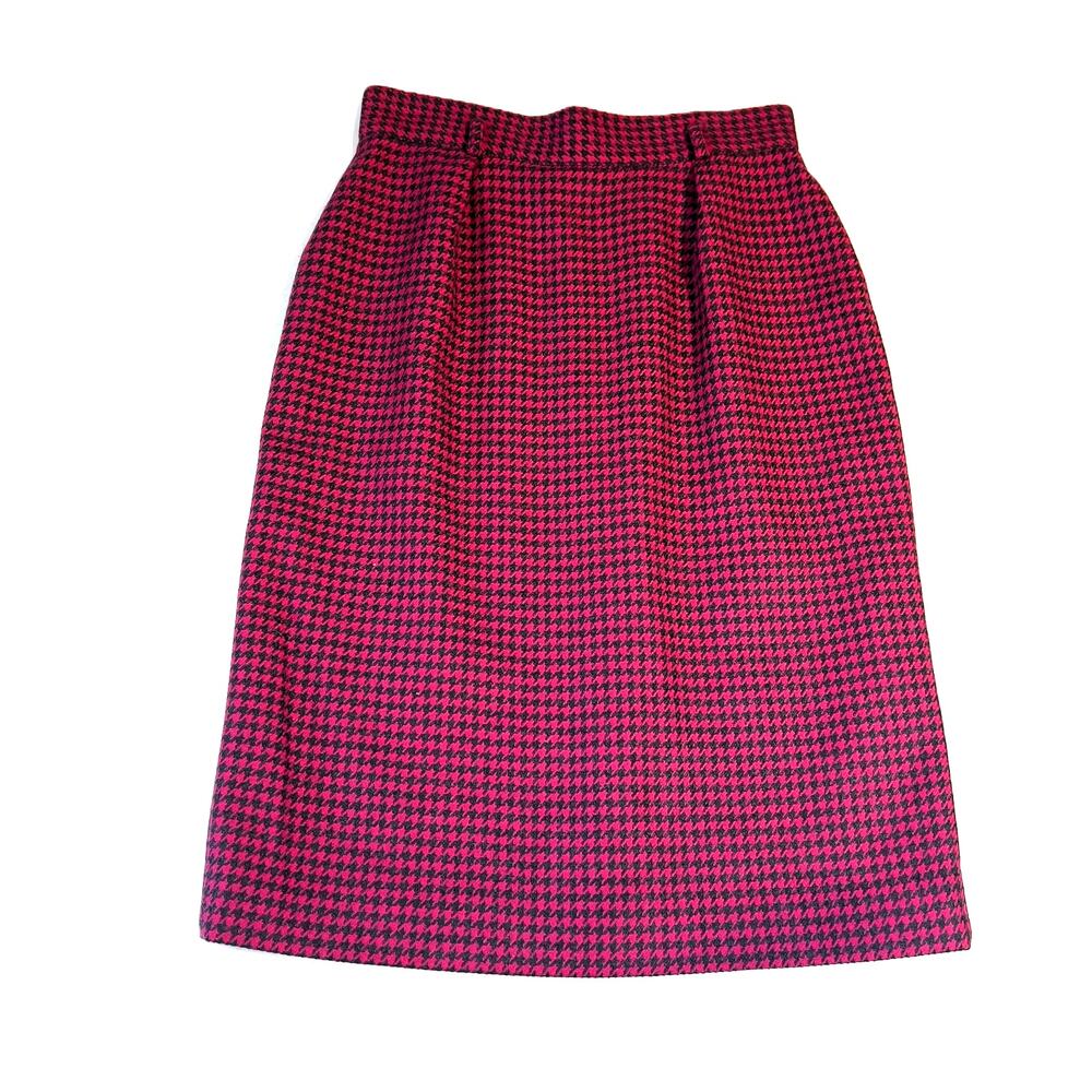 Jones New York Vintage Wool Pencil Skirt 10 Rear Zip Slit Pink Black Houndstooth